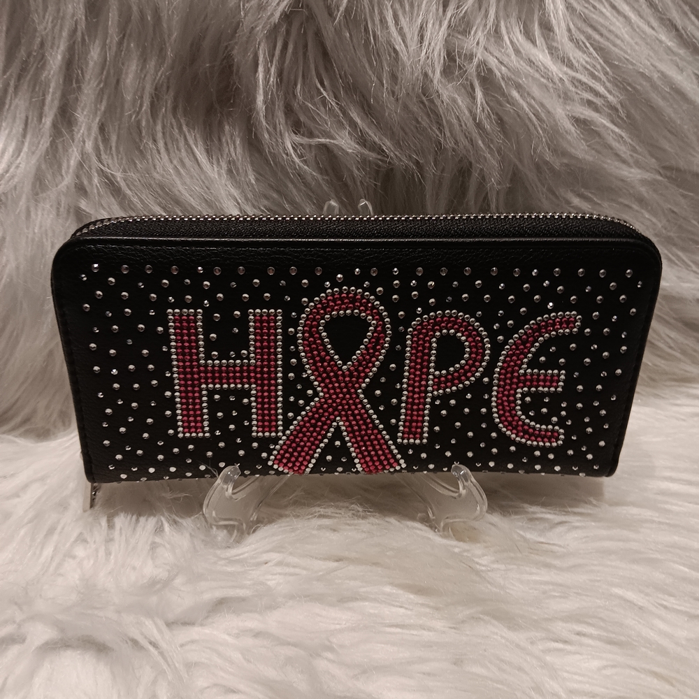 Black and Pink Rhinestone Hope Breast Cancer Ribbon Accordion Wallet